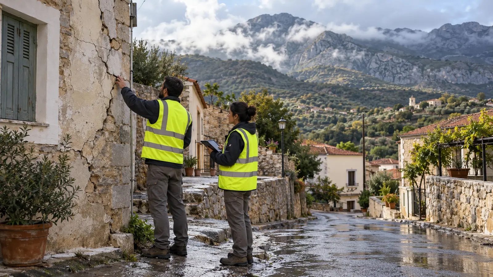 Engineers inspecting a building in a Cretan village after severe weather