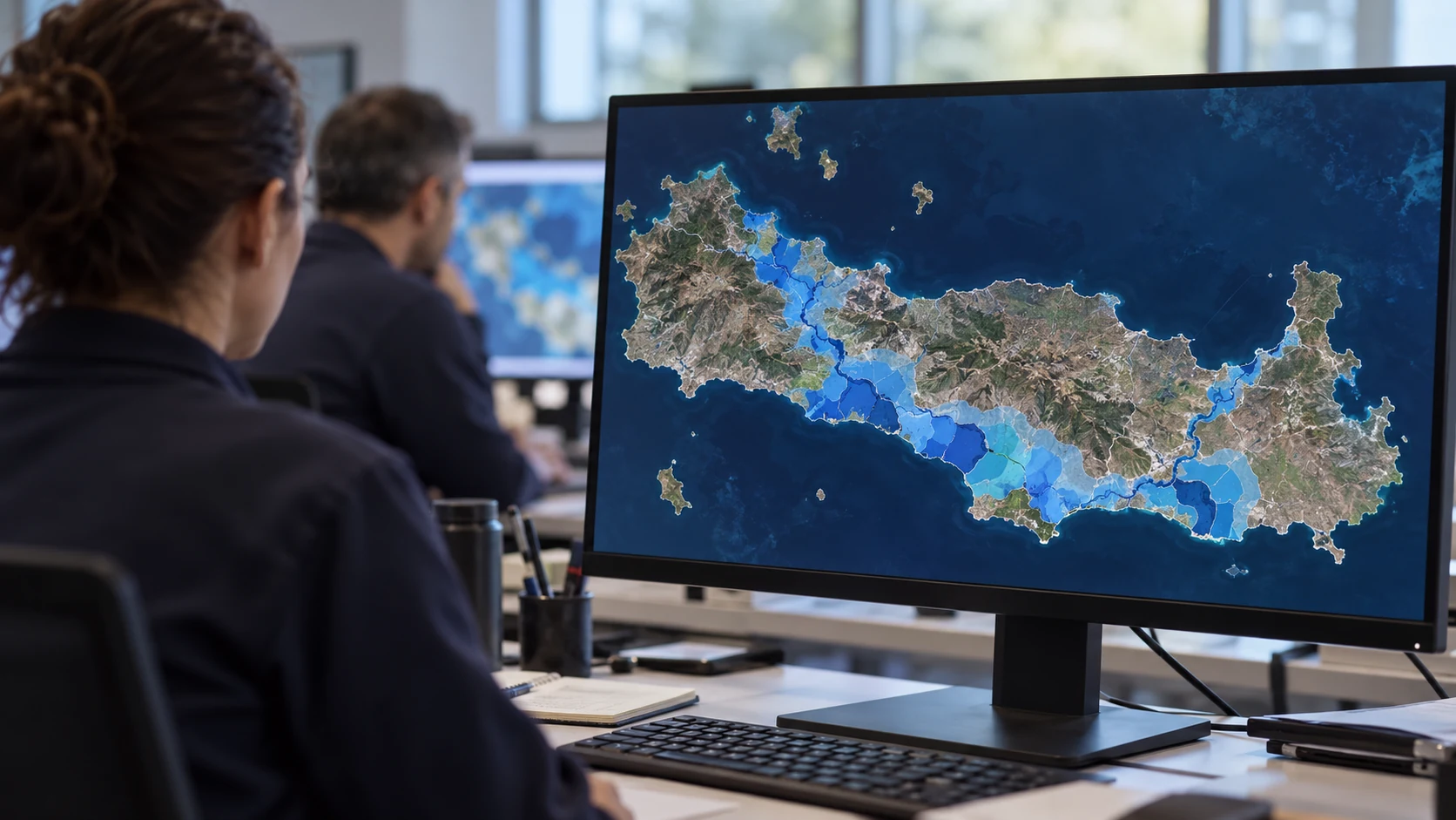 Analysts viewing an illustrative satellite map of an island area