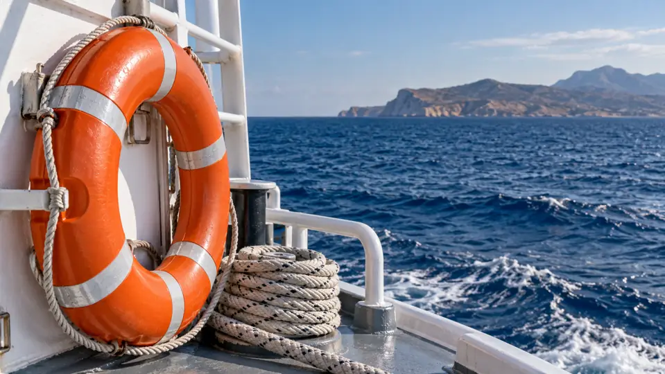 A life ring and rope on a generic rescue vessel’s deck, with sea and a distant rocky coast