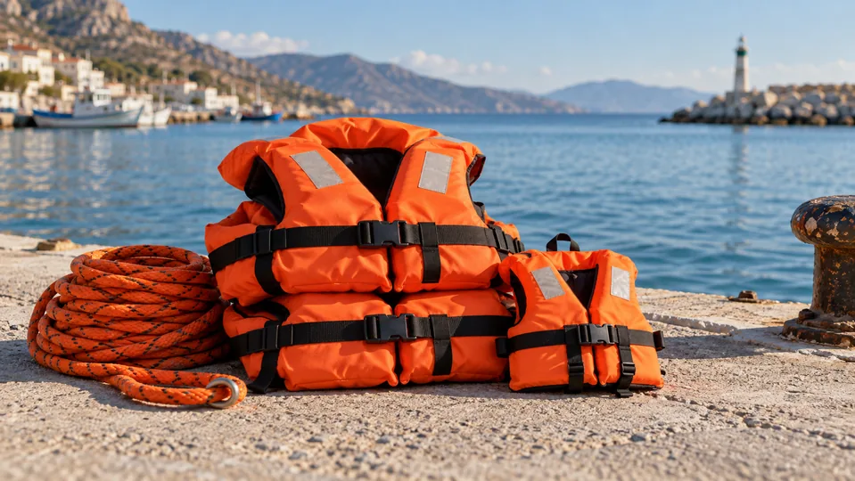 Orange adult and child life jackets and a rescue rope on a calm harbour quay