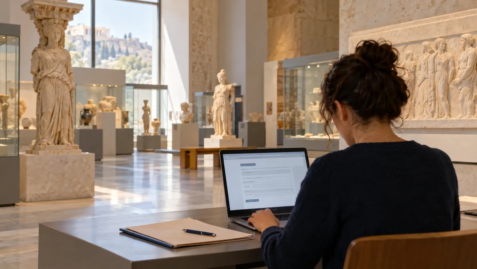 A candidate completing an online application on a laptop inside an archaeological museum gallery