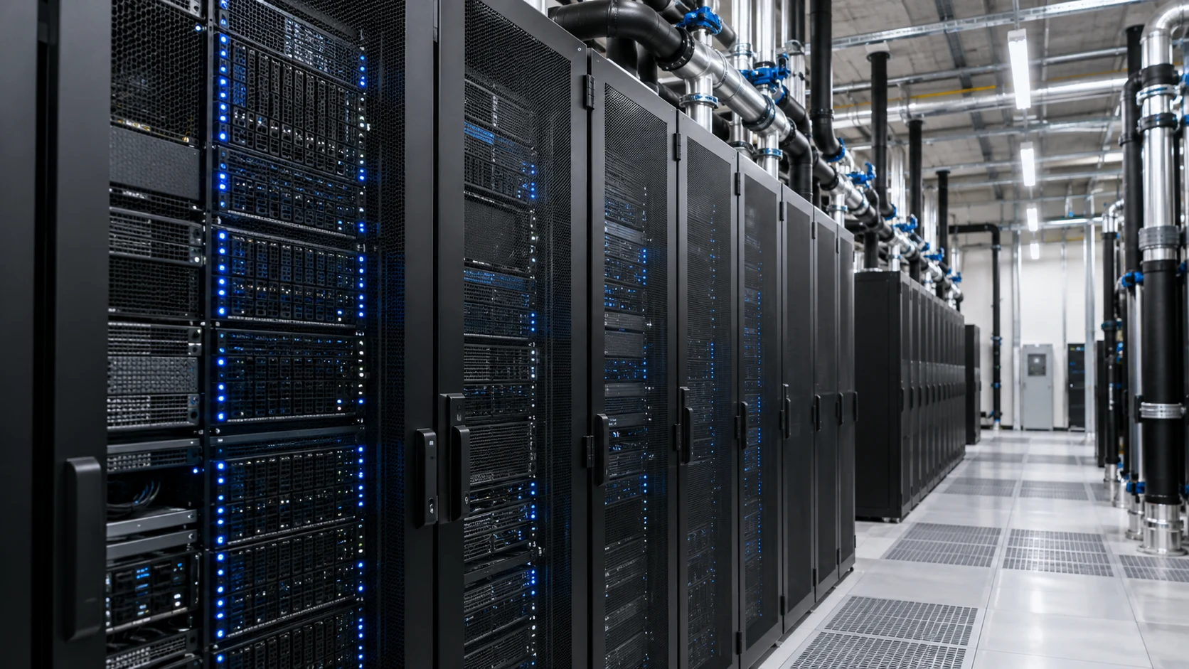 High-performance computing racks with status lights and cooling infrastructure