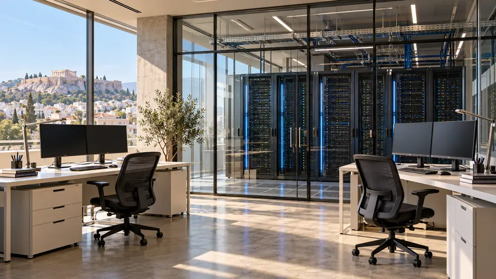 Modern research workspace with computer workstations and servers behind a glass partition