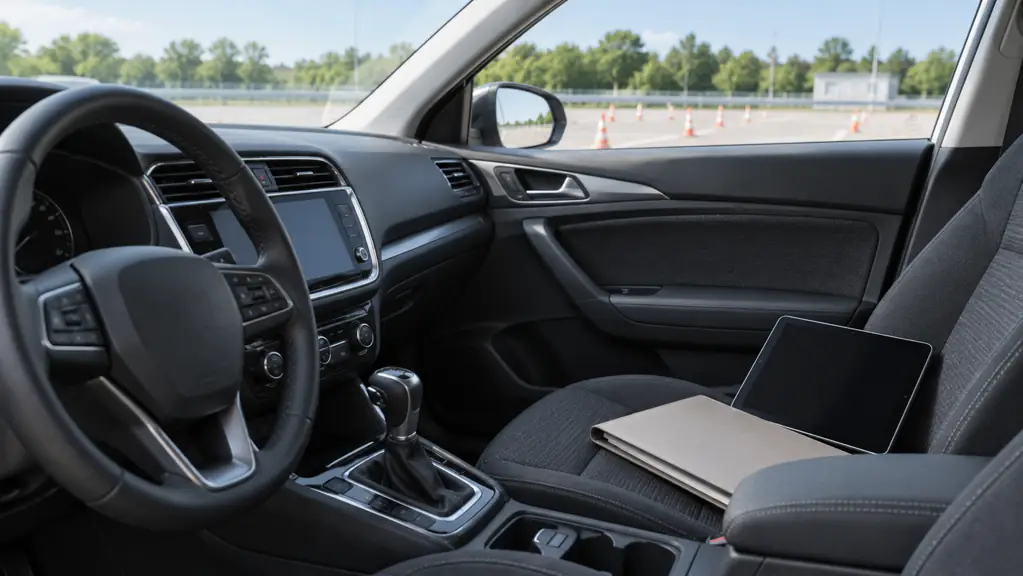Steering wheel of a parked car and a tablet with a dark screen on the passenger seat