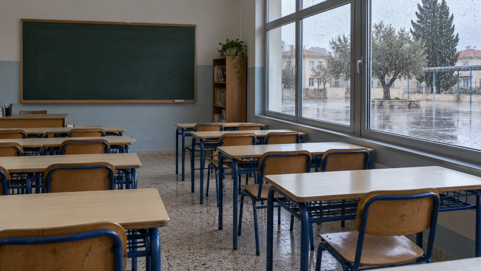 Empty classroom with desks and a wet courtyard outside the windows
