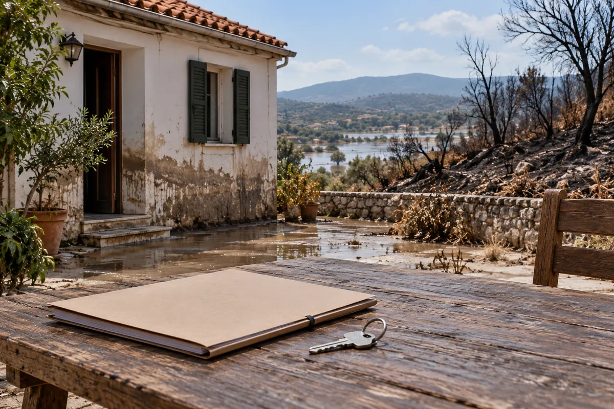 Document folder and key outside a home showing damage from natural events
