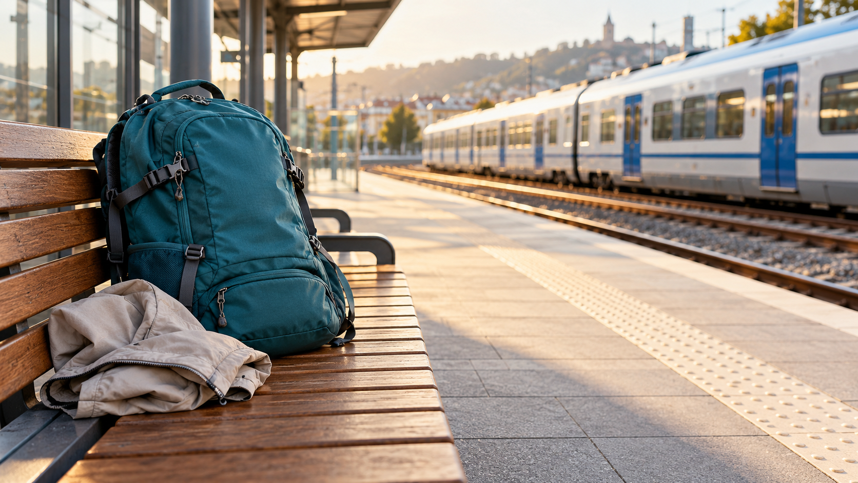 Travel backpack on a railway station bench with a passenger train in the background
