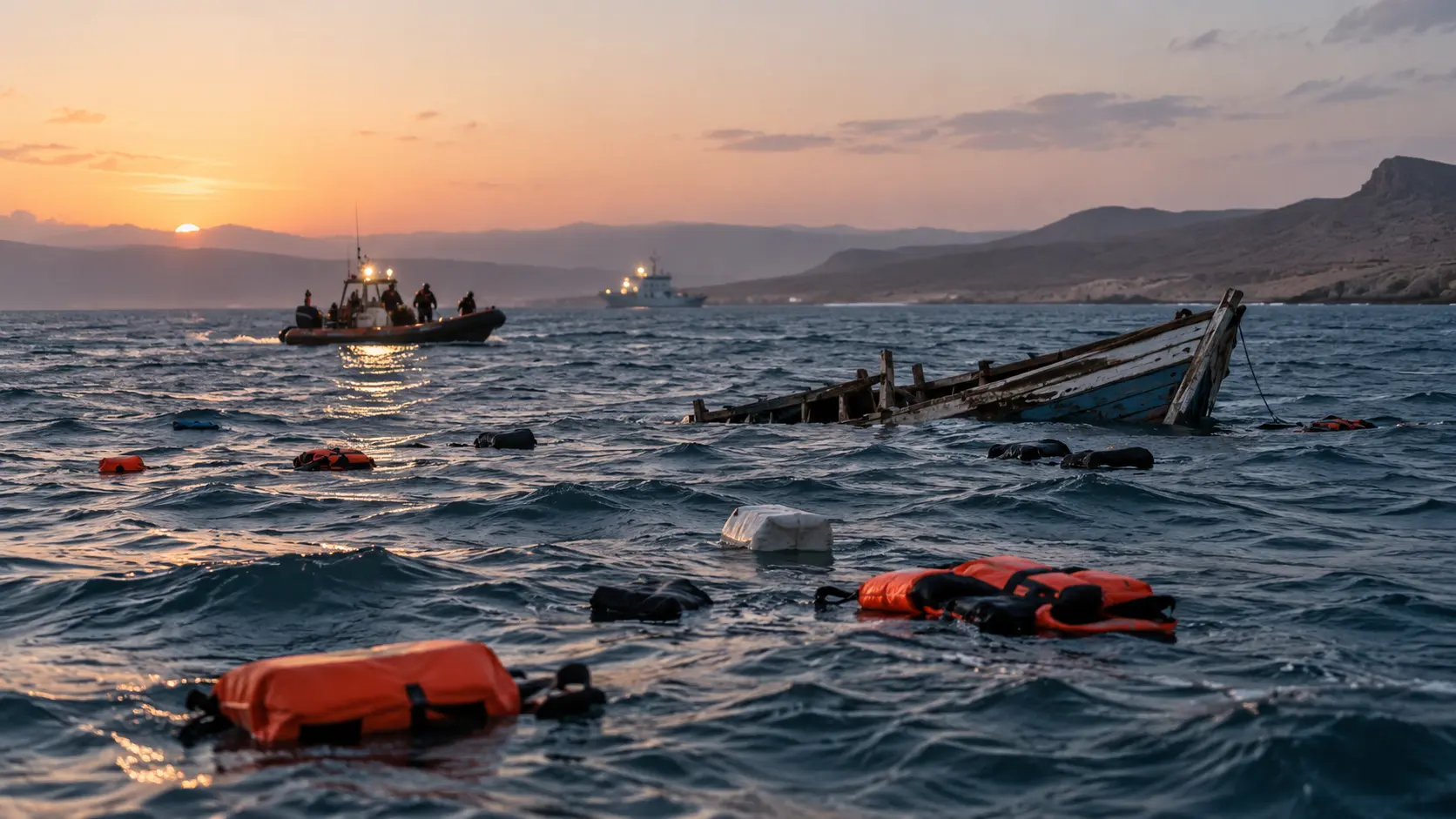 Search-and-rescue operation near a damaged wooden boat at sea