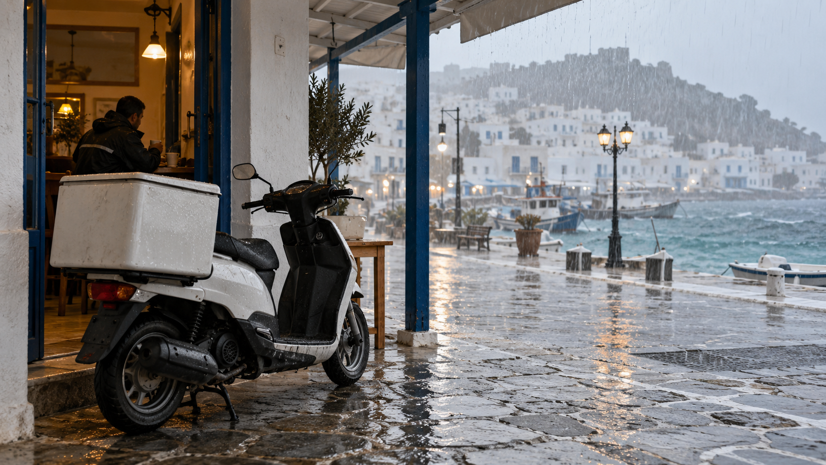 A delivery scooter parked under shelter during rain