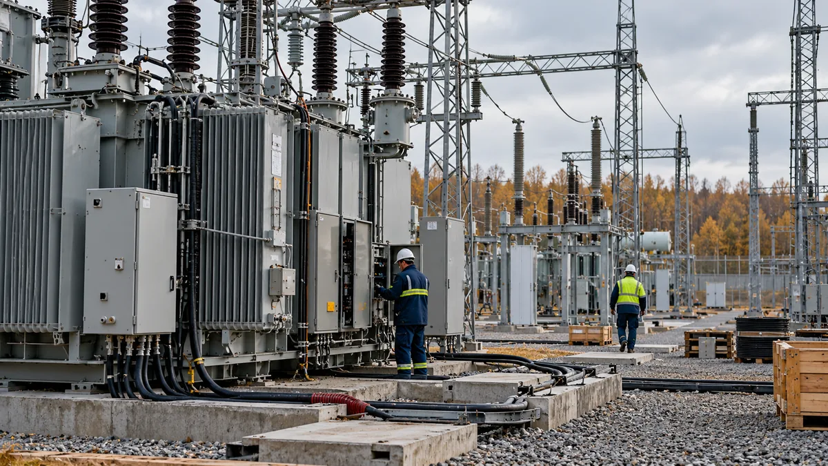 Engineers wearing helmets working at an electrical substation with transformers