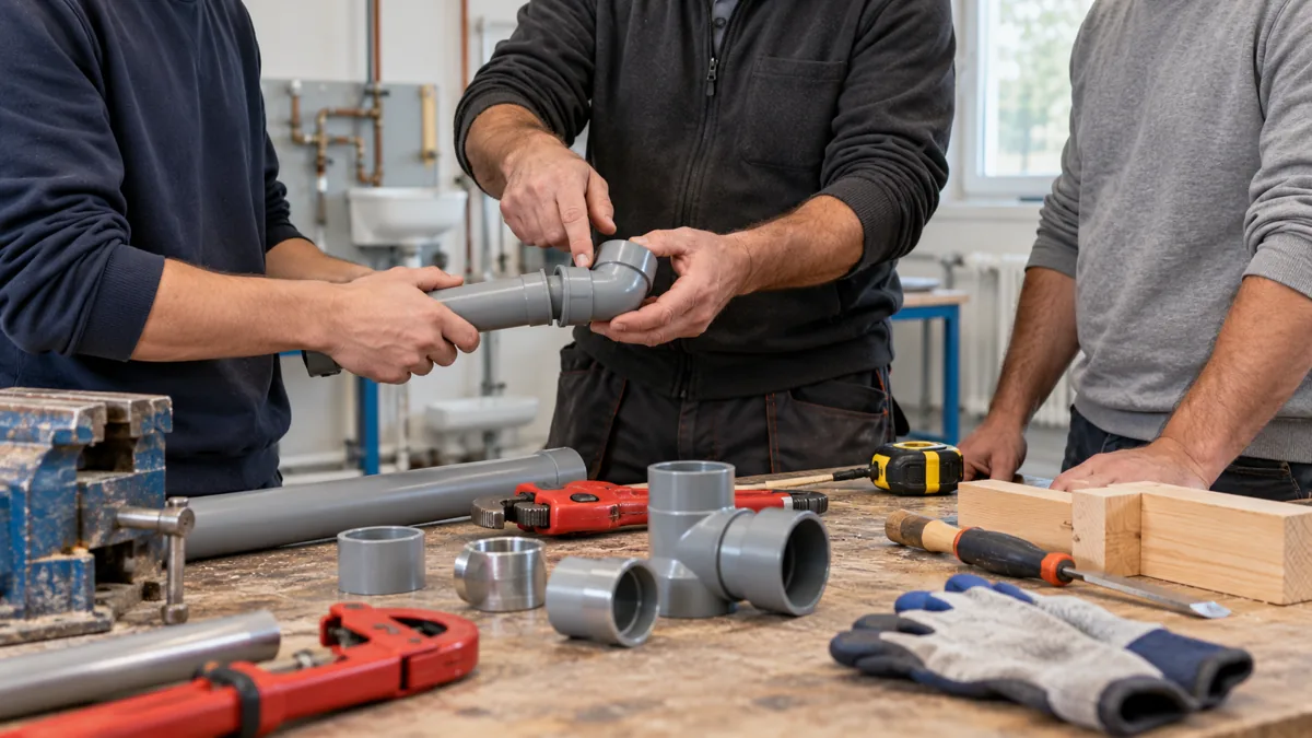 Tools and pipe-fitting practice in a maintenance workshop
