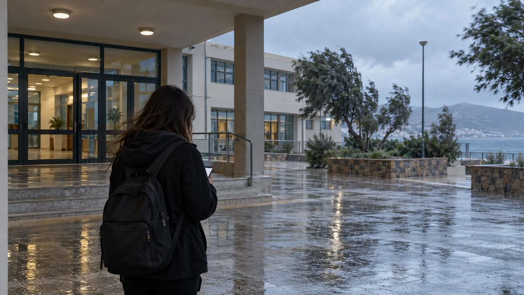 Student outside a closed DYPA education facility during heavy rain