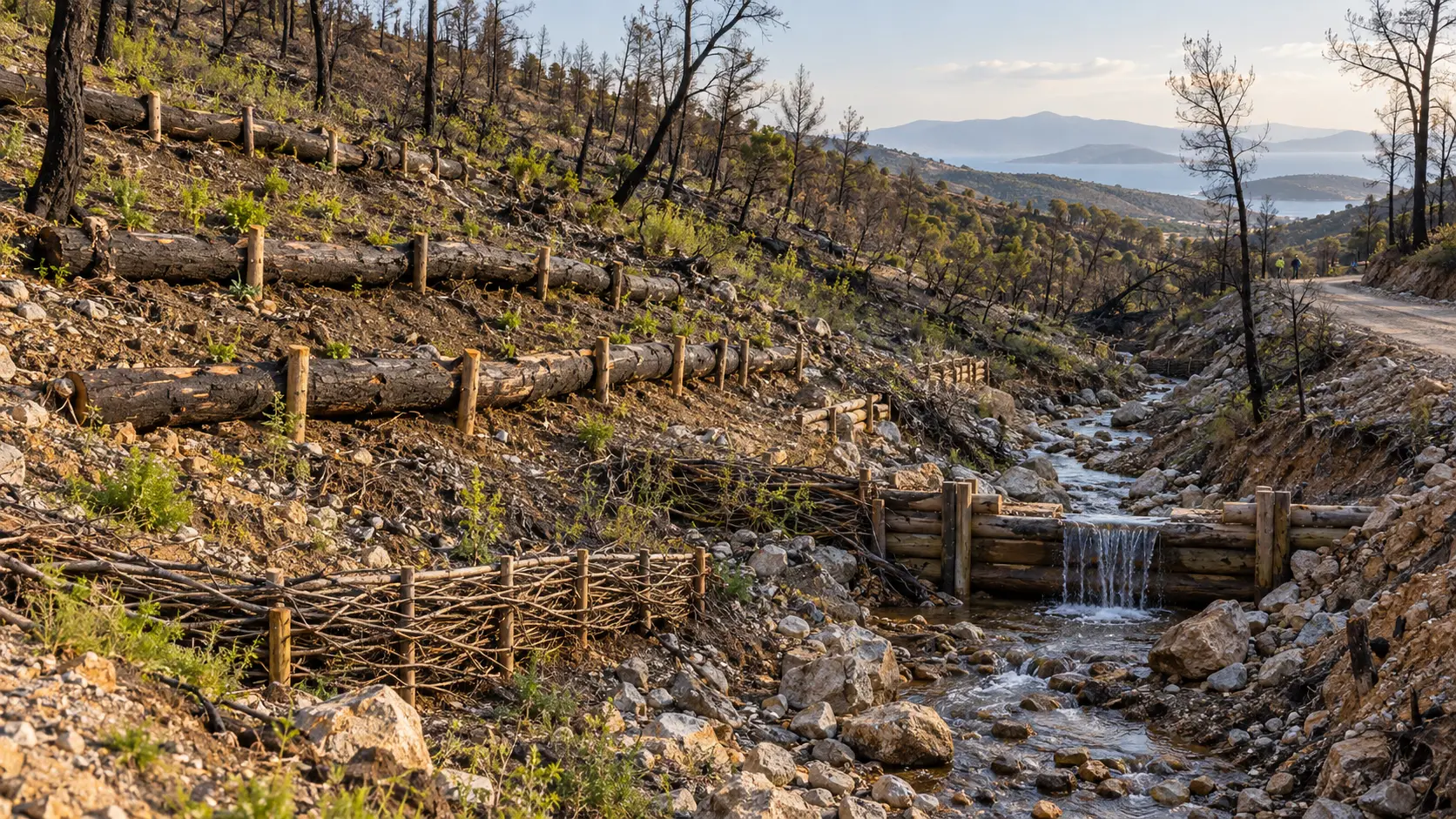 Erosion control structures on a burned hillside