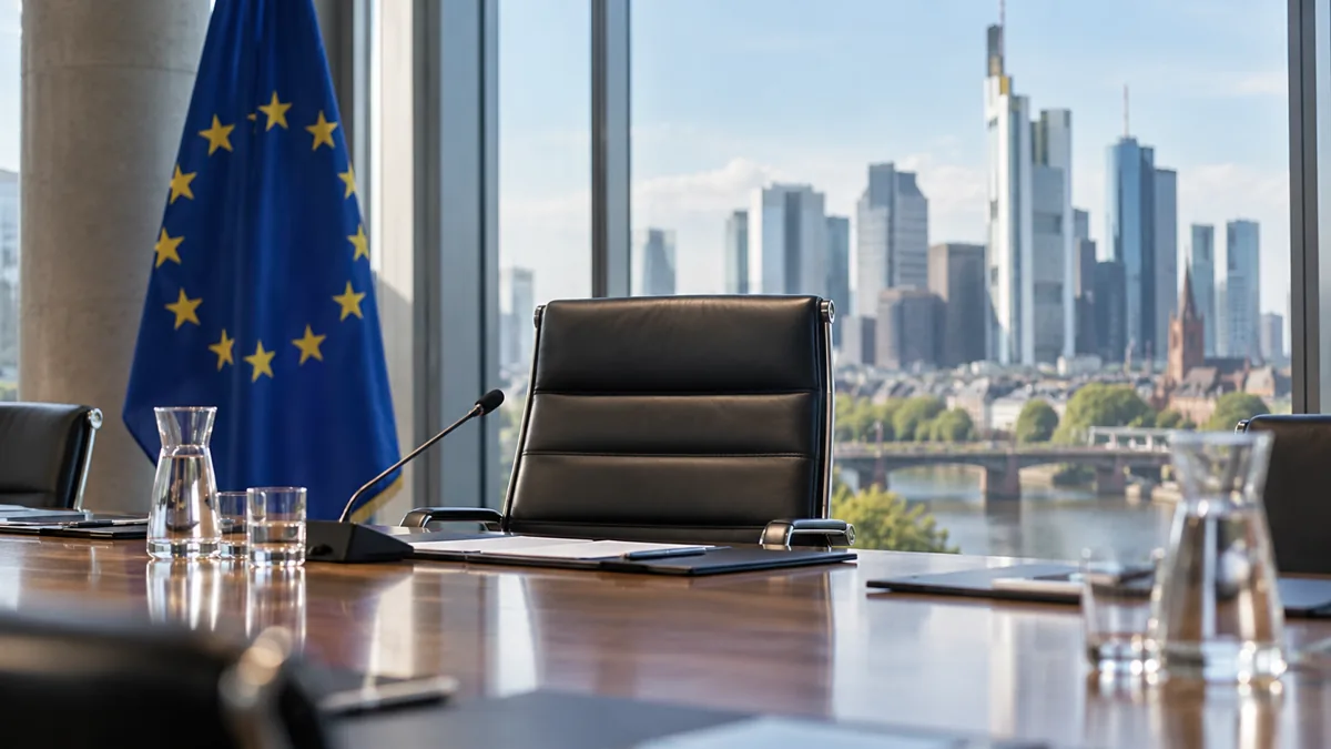 Empty executive chair in a meeting room with a European flag