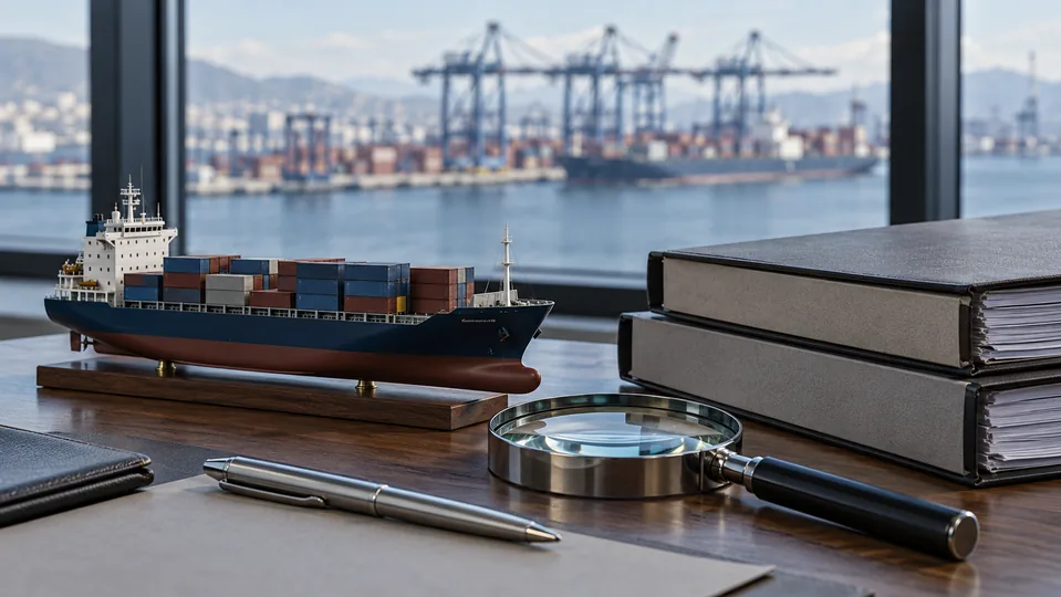 Model cargo ship, closed files and magnifying glass on a desk overlooking a port