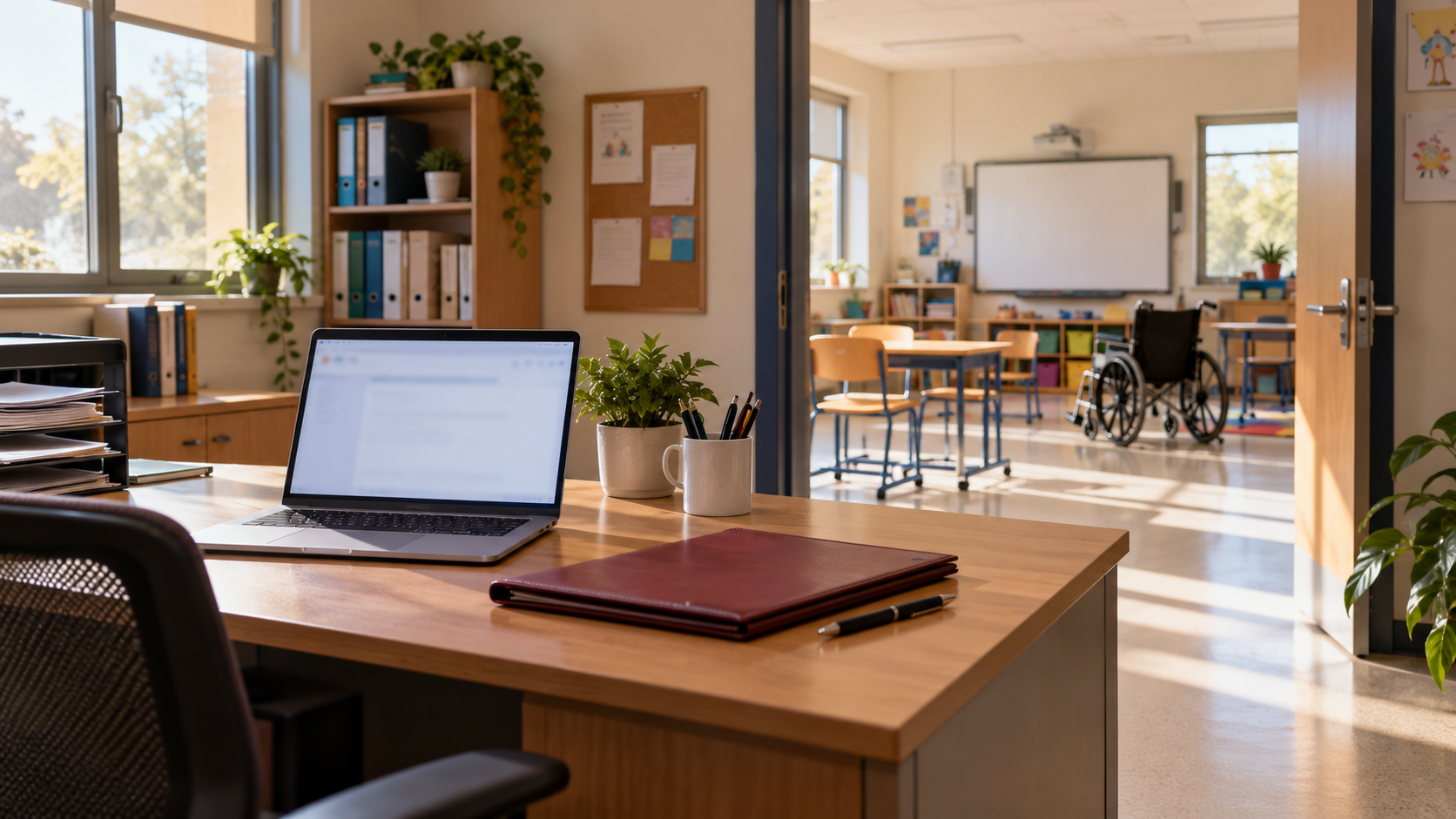 Empty school staff office with a laptop and folder beside an accessible classroom