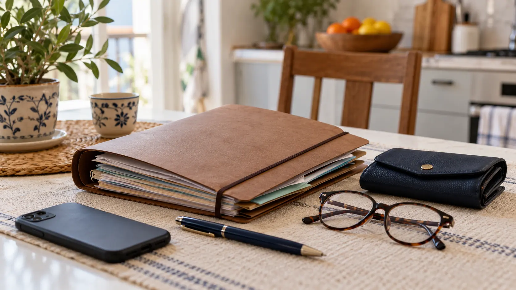 Household budgeting folder, closed purse, glasses, pen and smartphone on a table