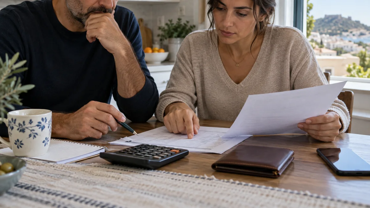 Household reviewing its budget with paperwork and a calculator