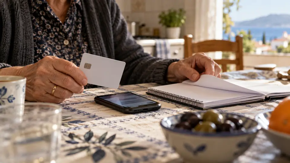 An older woman’s hands with a bank card, mobile phone and household-budget notebook