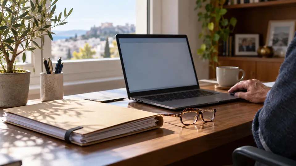 Documents, glasses and a laptop on a home desk beside an older user’s hand