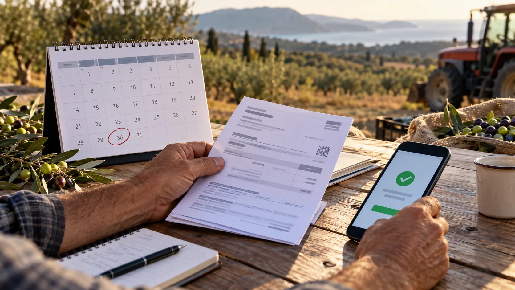 Farmer checking payment documents beside a calendar with day 30 marked