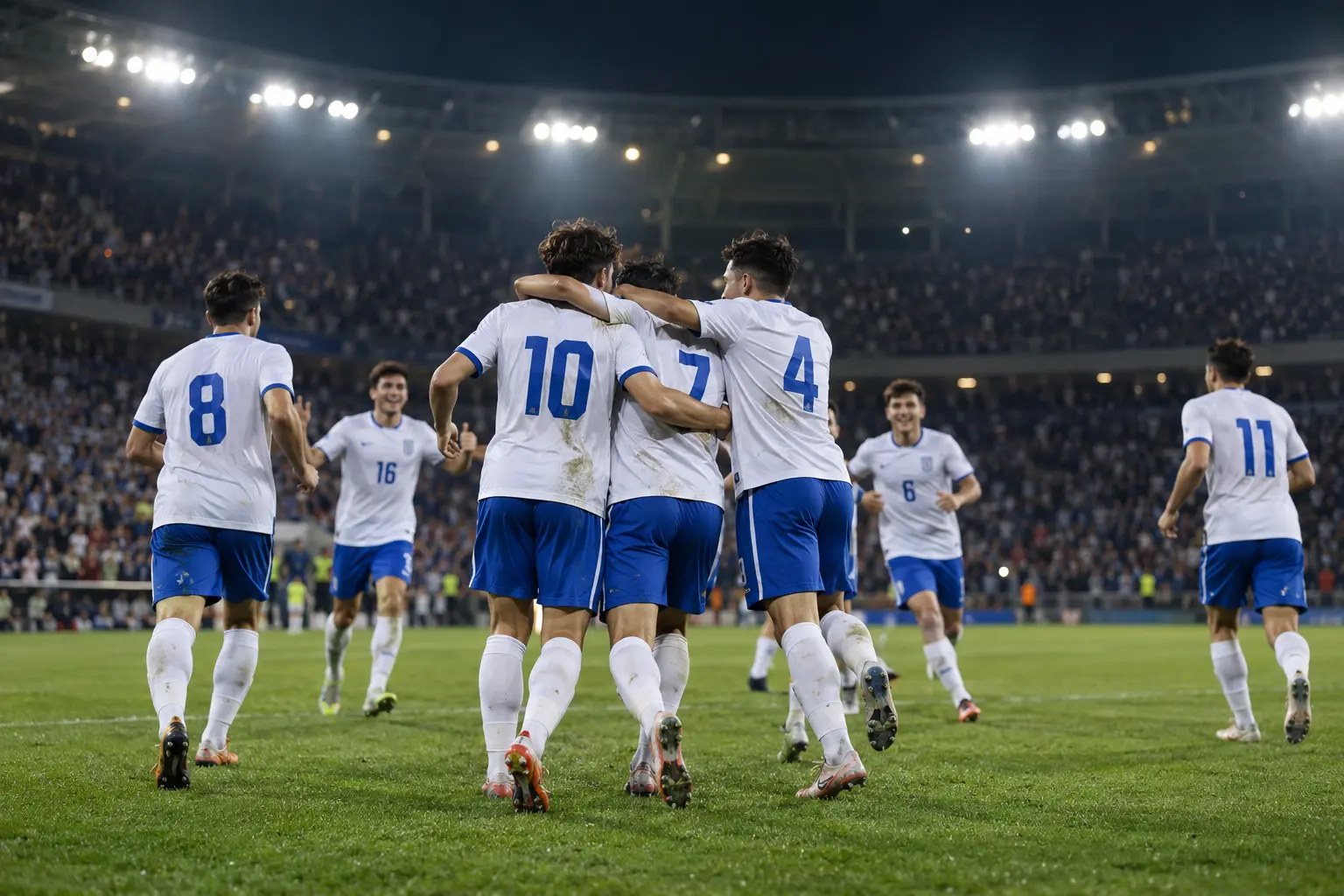Young footballers in white and blue kits celebrating in a stadium at night