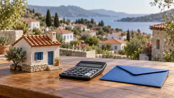 Small model house, calculator and blue envelope with a Greek village in the background