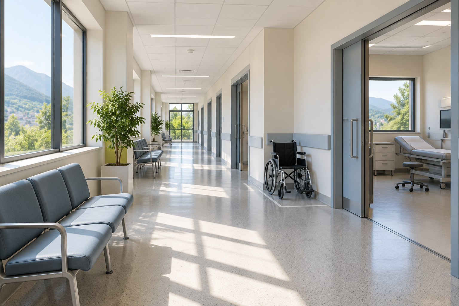 Renovated healthcare corridor with waiting chairs and a wheelchair