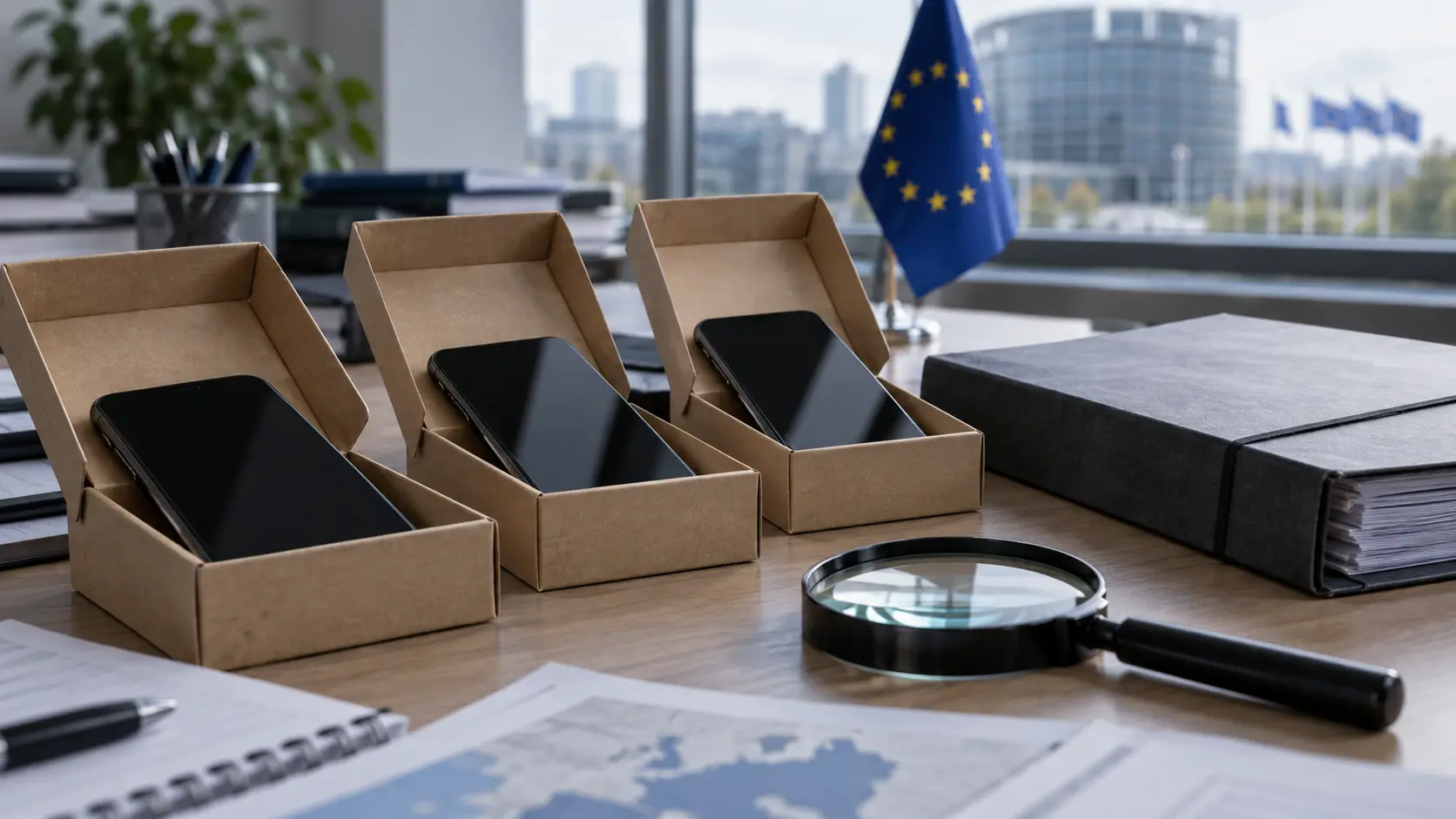 Smartphones in open boxes beside a folder, magnifying glass and European Union flag