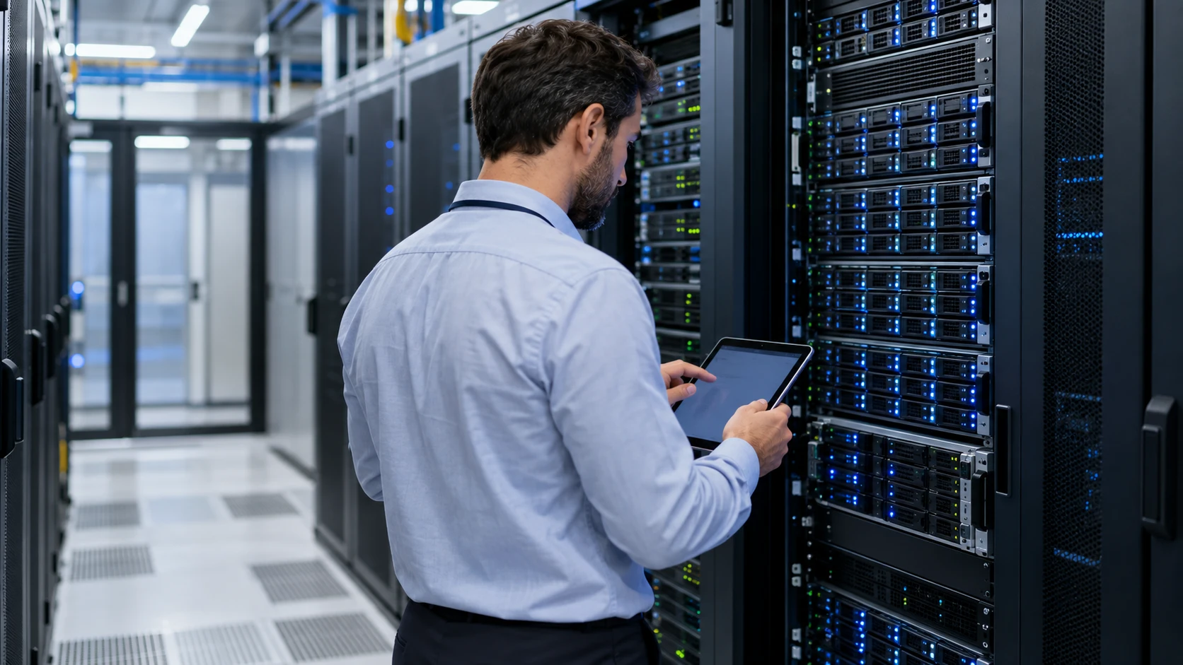 An IT professional checks systems in a server room