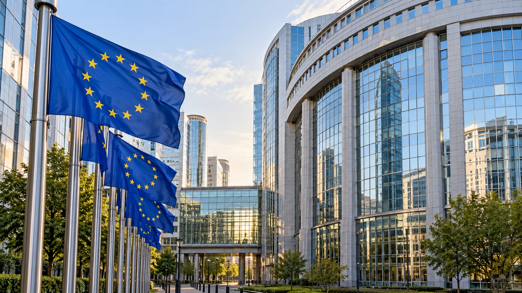 European flags outside a public institutional building in Brussels