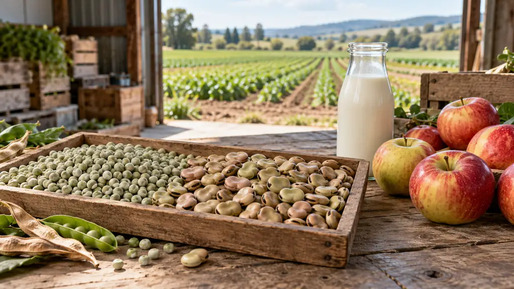 Wooden tray of peas and broad beans, apples and a glass milk bottle on a farm table