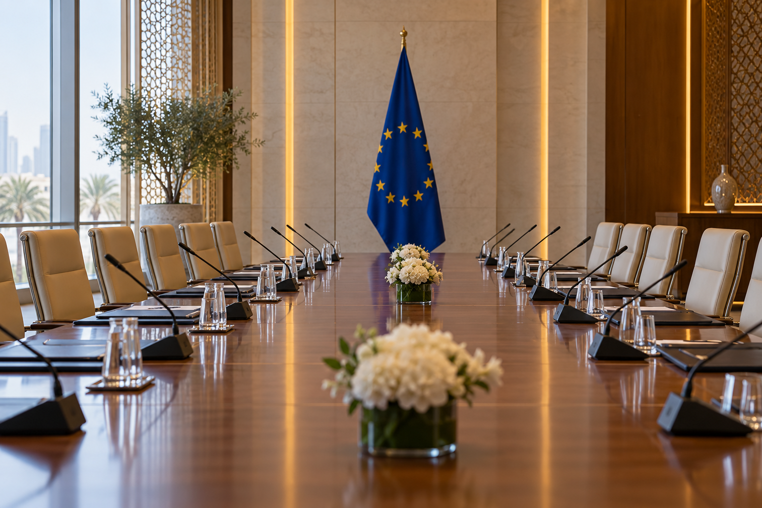 Empty international conference room with microphones and a European Union flag