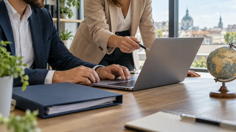 Colleagues at a desk with a laptop, company folder and globe