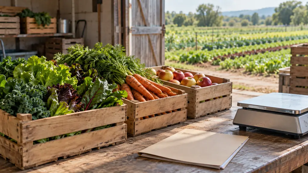 Crates of vegetables and fruit beside a scale in a farm packing area