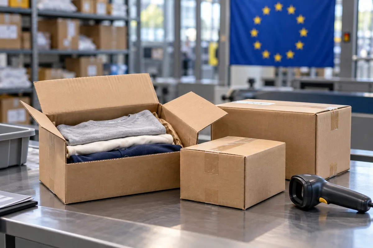 Small online-shopping cardboard parcels and a scanner on an inspection desk