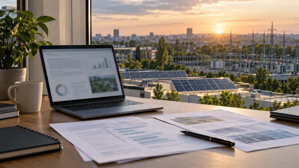 Corporate-reporting analysis desk overlooking solar panels and electricity infrastructure