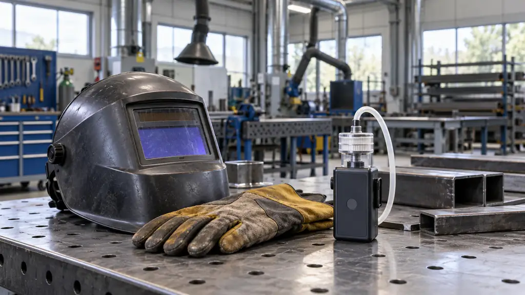 Welding helmet, protective gloves and an air-sampling instrument on a metal workbench