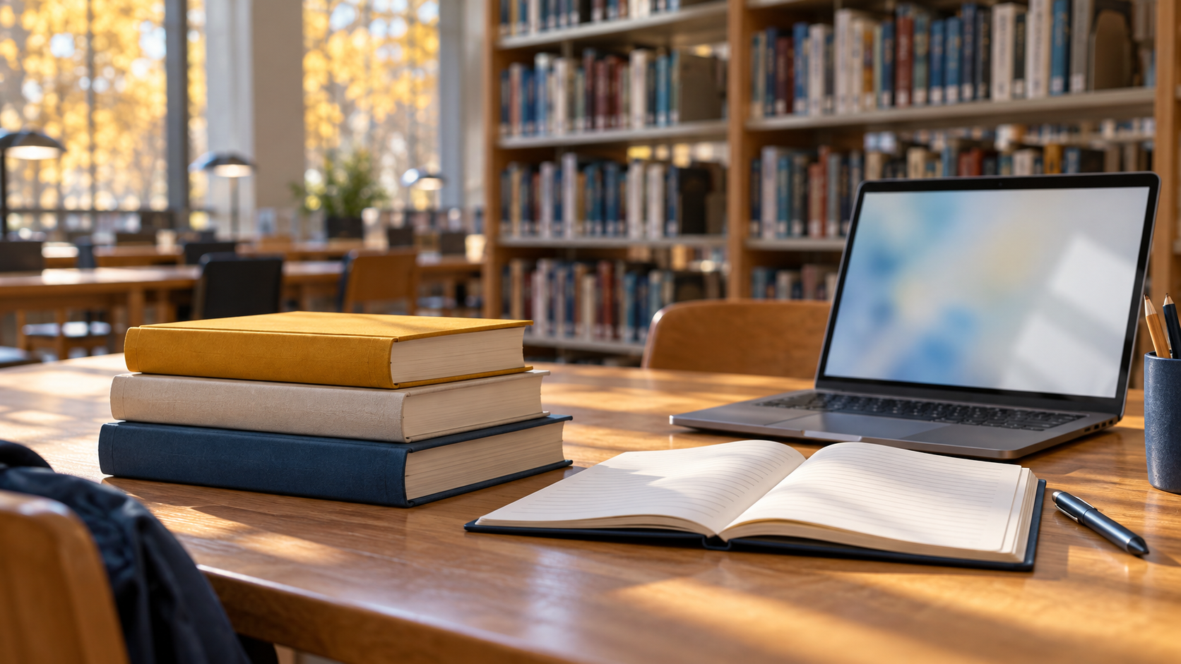 University textbooks, a notebook and a laptop on a library reading desk