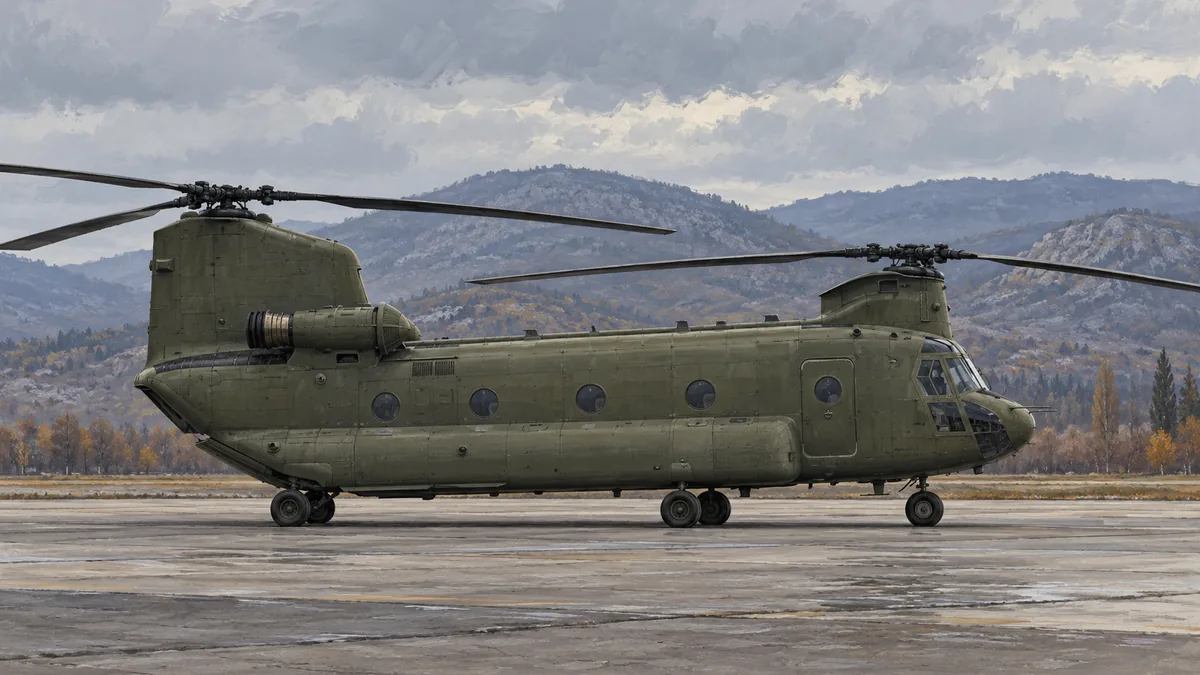 Illustration of a tandem-rotor military helicopter parked at an airfield