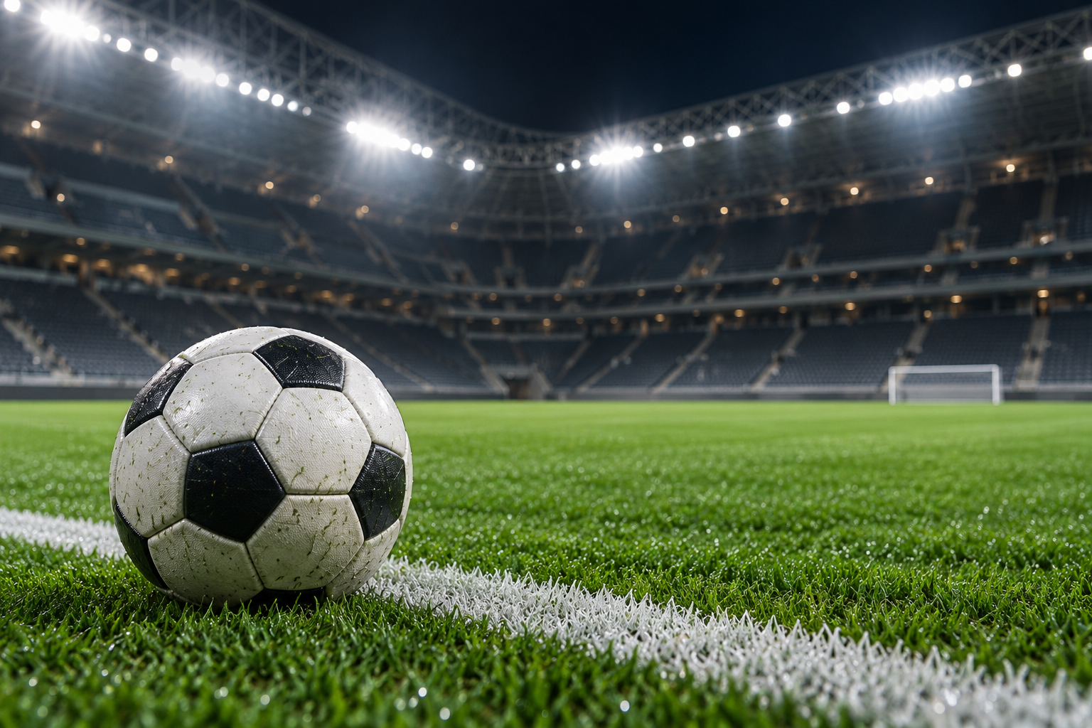 Football beside a pitch marking under stadium floodlights