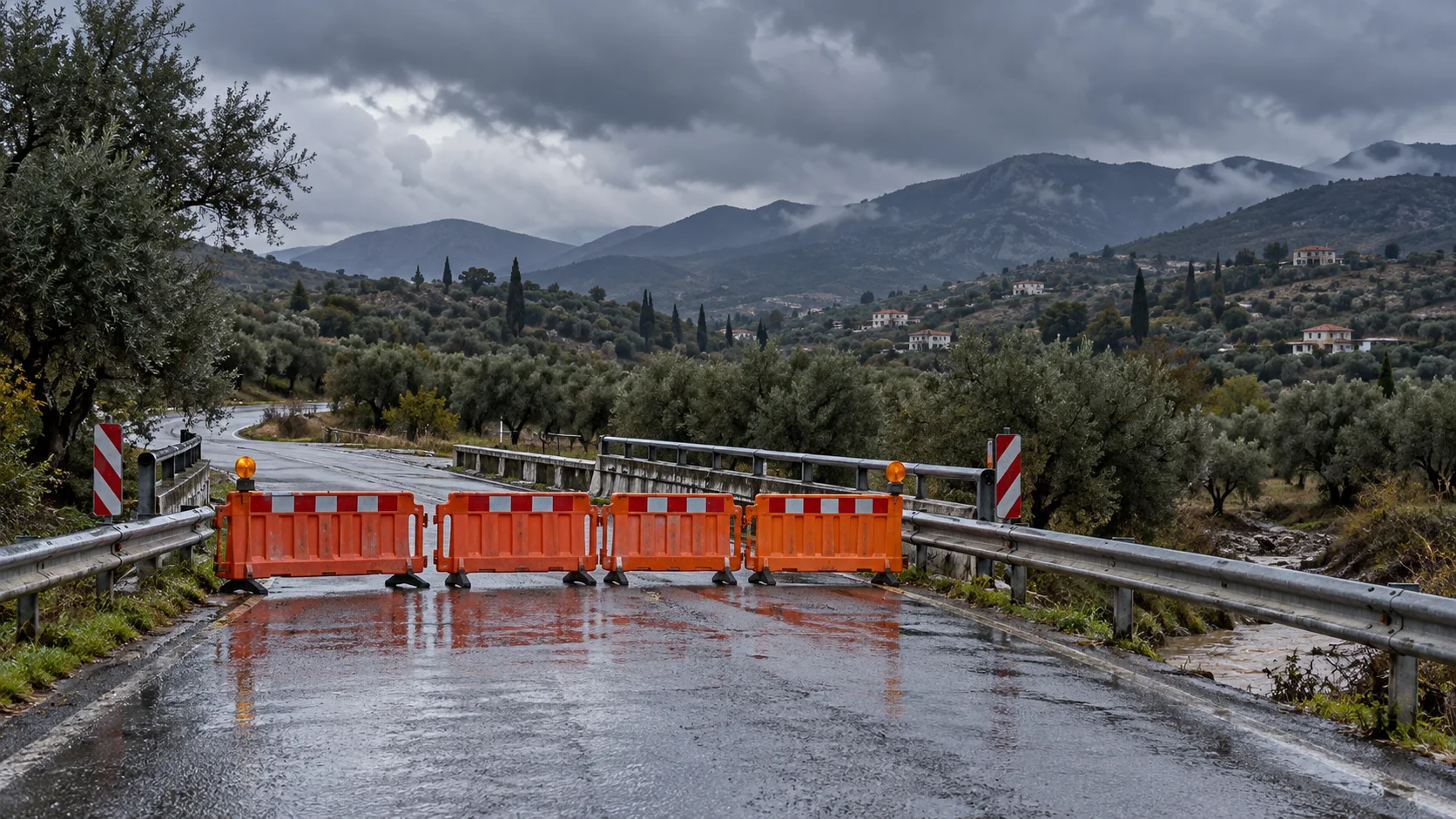 Safety barriers closing a rural road crossing in rainy weather