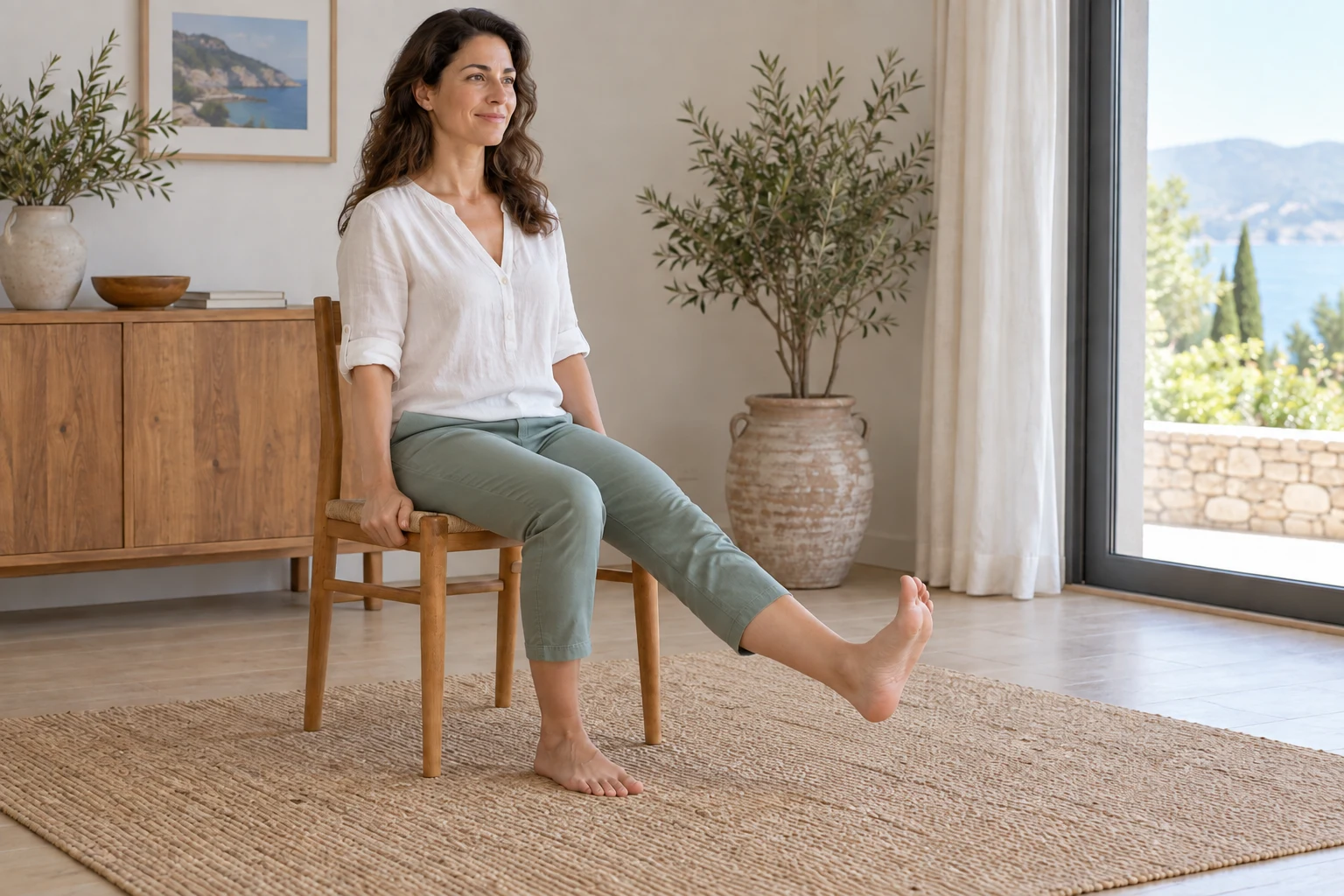 Woman on a stable chair moving her foot with one leg gently extended