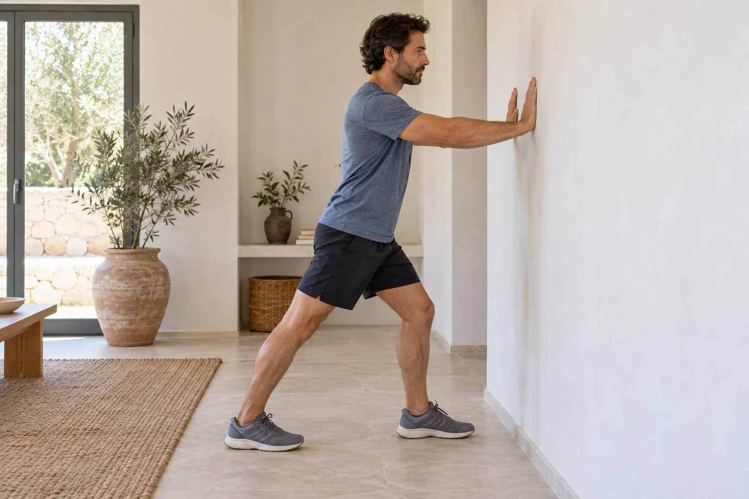 Man demonstrating a calf stretch with hands against a wall and rear heel down