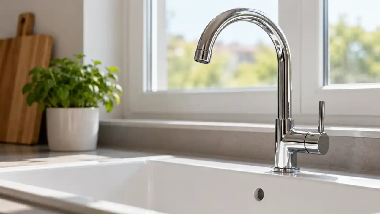 Closed chrome tap above a white sink, with no water flowing