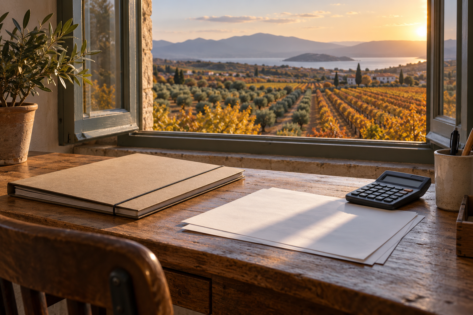 Folder, calculator and papers in a farm office overlooking cultivated fields