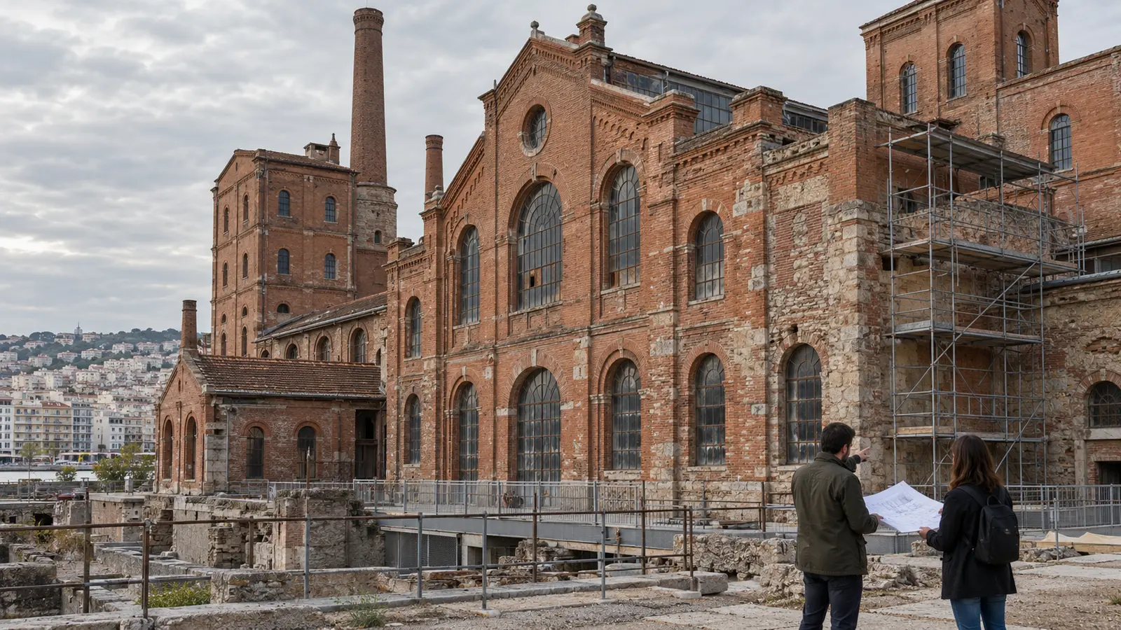 Architects review plans outside a historic red-brick industrial building
