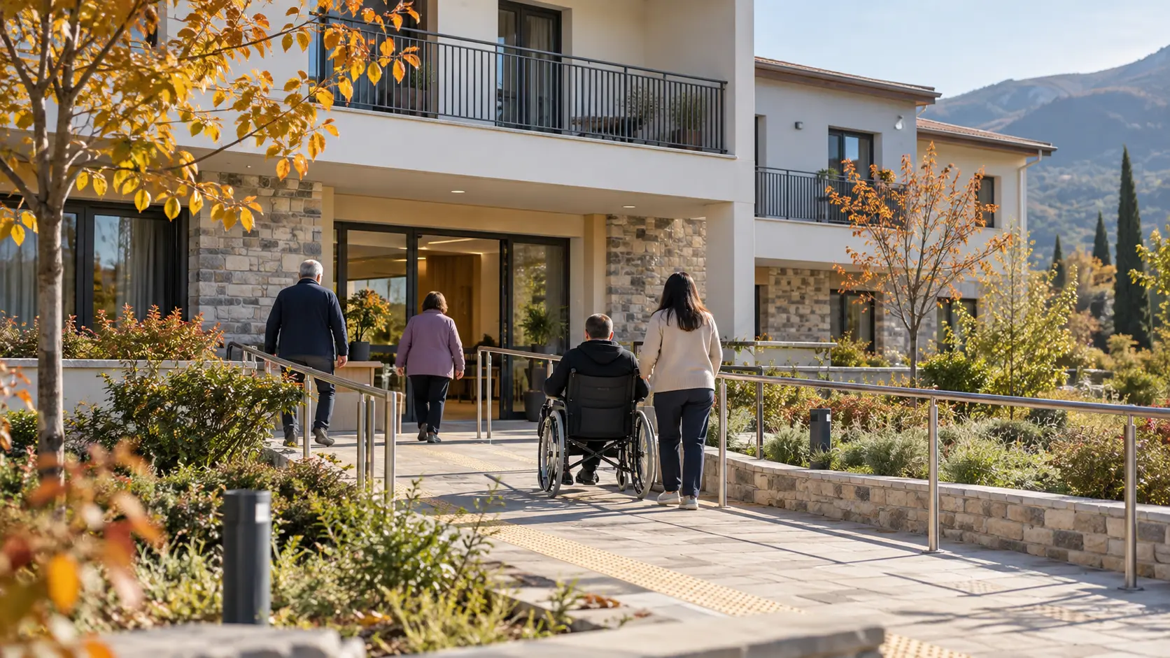 Accessible residence with a ramp and adults, including a wheelchair user