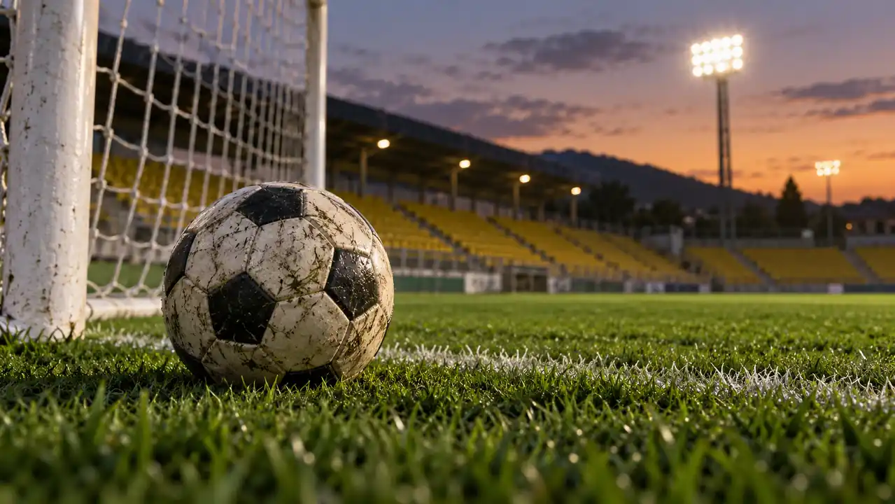 Football on grass beside an empty goal under stadium floodlights