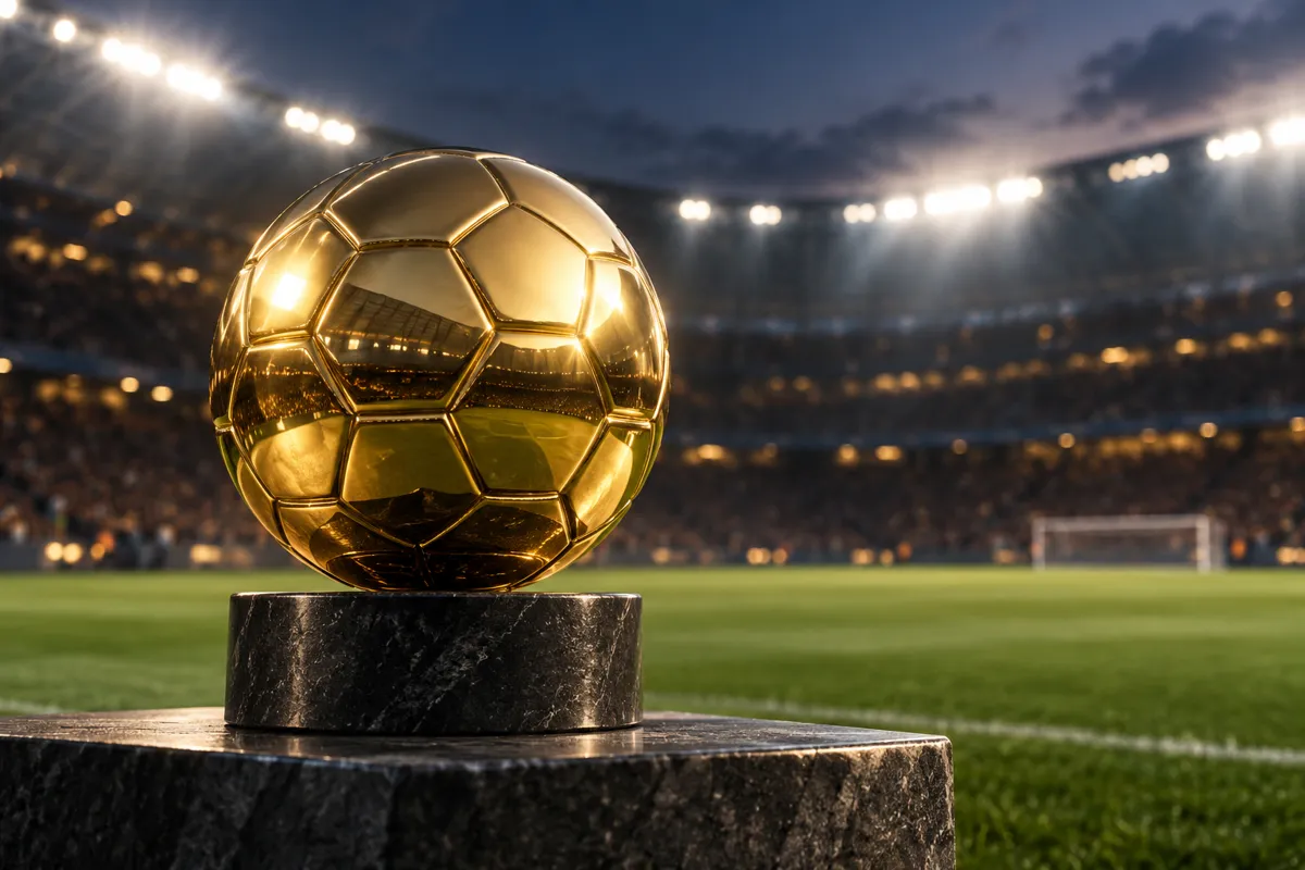 Golden football on a stone pedestal with a floodlit stadium in the background